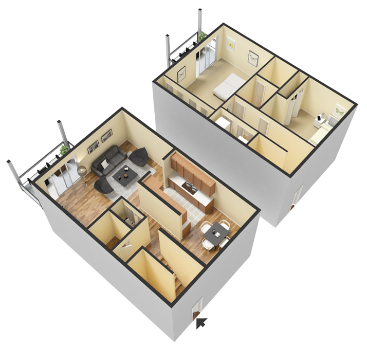 2 Bed - 1 Bath, 1080 sq ft, Stratford Wood Townhome floorplan